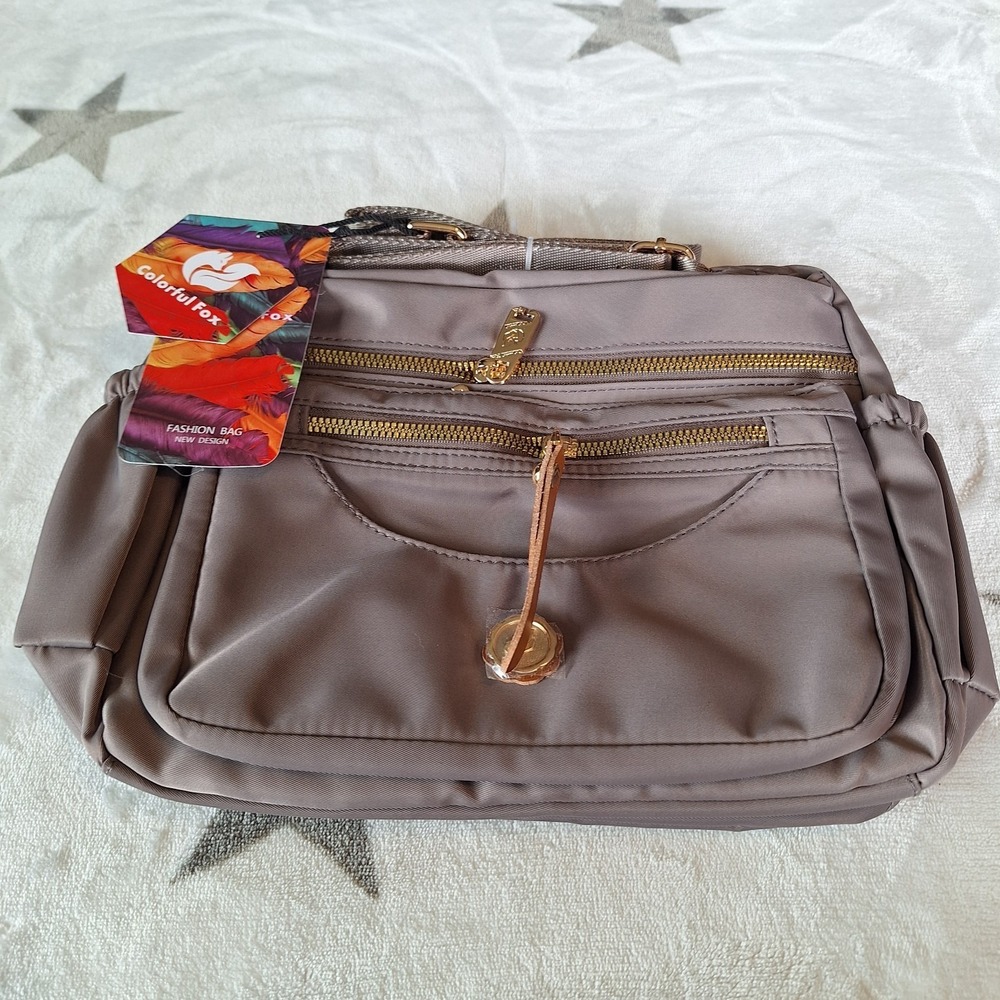 Brand New Colorful Fox Greige Nylon Multi-Pocket Crossbody Fashion Bag Travel